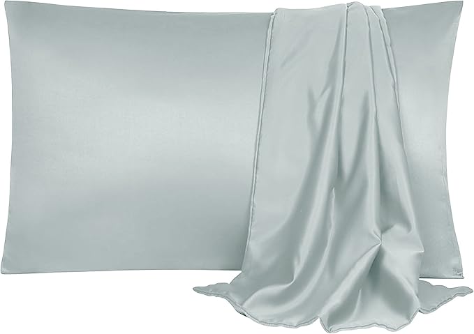 uxcell 2 Pack Silk Satin Pillowcase for Hair and Skin, Cool, Silky, Soft Breathable Pillow Cases Standard Size 20x26 Inch Sateen Pillowcase Light Gray with Envelope Closure
