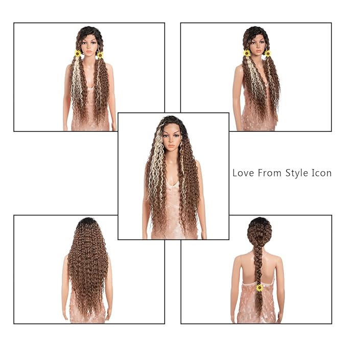 Style Icon 36”Super Long Curly Wig C-Shaped Side Part Lace Wig Afro Baby Hair Synthetic Highlight Blonde Wigs