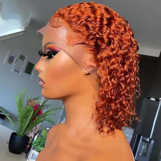 GOLFMAX 8 Inch Curly Bob Wig 350# Orange Ginger Lace Front Wigs Human Hair Short Bob Wig Human Hair Water Wave 13x4 Lace Front Wigs Pre Plucked