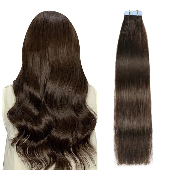 SUYYA Tape in Hair Extensions Human Hair Darkest Brown 28 Inch 60g/pack 20pcs Straight Seamless Skin Weft Tape in Real Human Hair Extensions(28inch #2 Darkest Brown)