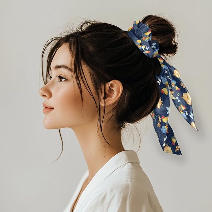 Rooster Scrunchies Hair Ties for Women Blue Green Pack of 2 Knotted Bow Hair Scrunchies Elastic Hair Scarf Red Ribbon Accessoey