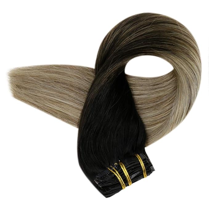 Full Shine Clip in Hair Extensions Black Ombre Real Hair Clip in Extensions Balayage Light Brown Mix Blonde Seamless Hair Extension Softness 18 Inch 8 PCS 120 G