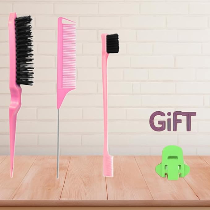 Pink Hair Brush Set - 3 Pcs, Slick Back, Rat Tail, Teasing Comb for Kids and Baby Hair Smoothing