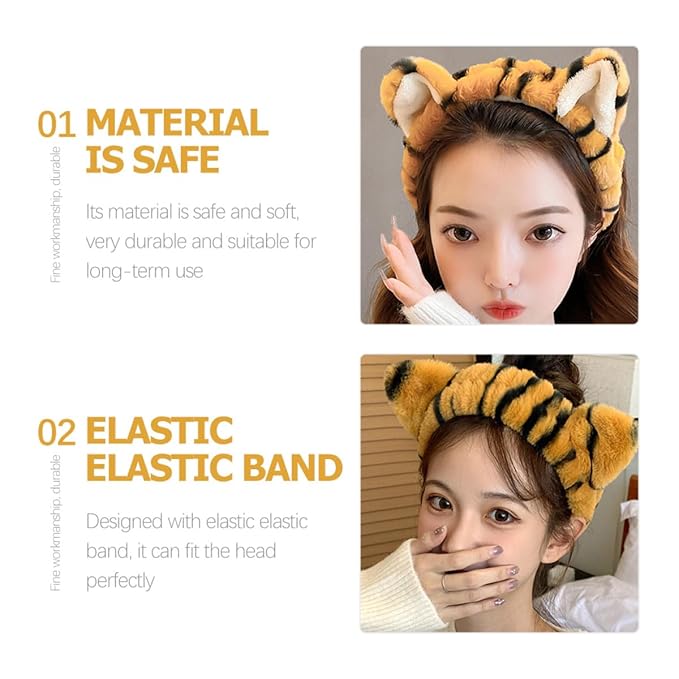 2pcs Tiger Plush Hairbands for Women Wide Elastic Fuzzy Head Wraps with Cute Ears Soft Spa Headbands for Face Washing Makeup Skincare Shower and Mask Application White Yellow