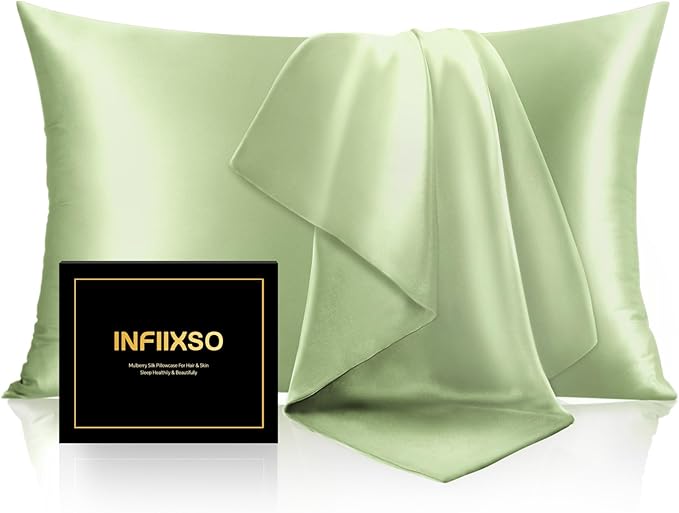 INFIIXSO Mulberry Silk Pillowcase for Hair and Skin, Silk Pillow Cases Queen Size Set of 2 with Hidden Zipper 20"x30", Ultra Smooth and Soft Cooling Pillow Cases for Hot Sleepers(Sage Green, 2 Pack)