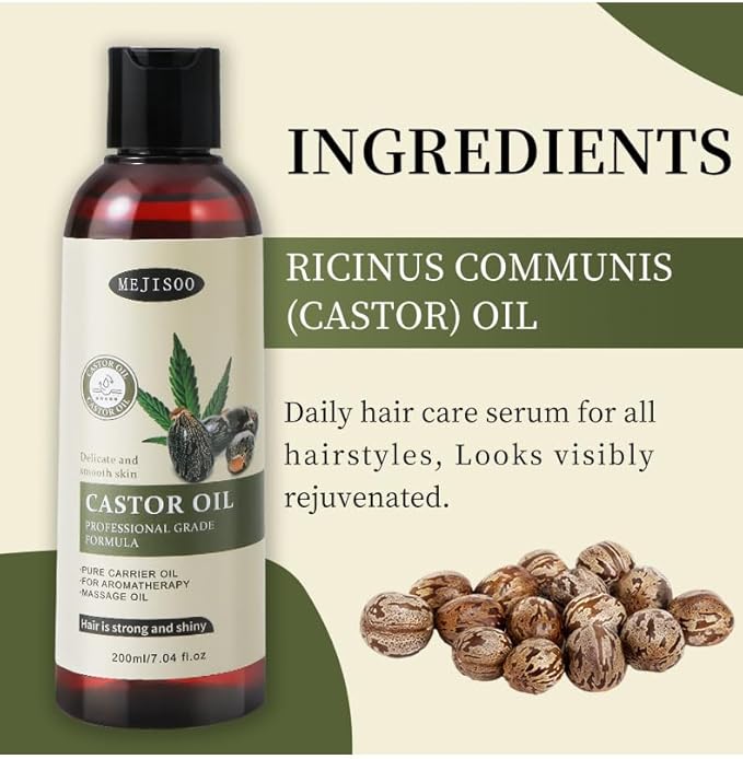 Organic Castor Oil for Hair Growth, 100% Pure Natural Premium Grade Castor Oil Cold Pressed, Hexane-Free, Eyelash & Eyebrow Enhancement, Skin Moisturizing, 7.04 Fl Oz for Lashes Hair Face Body
