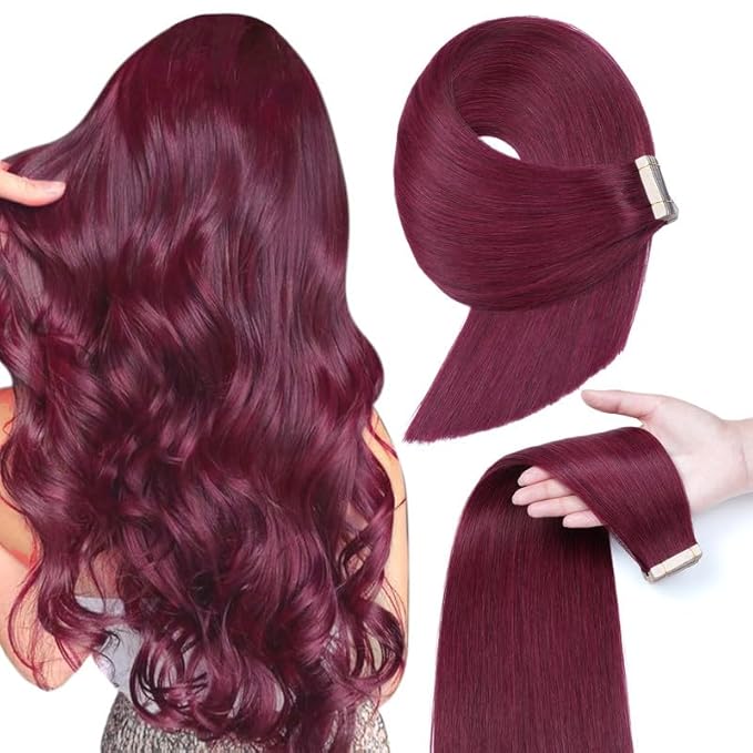 99J Tape in Hair Extensions Human Hair Burgundy 14 Inch Wine Red Invisible Tape in Hair Extensions Double Sided，Seamless Skin Weft Hair (#A99J,14 Inch)