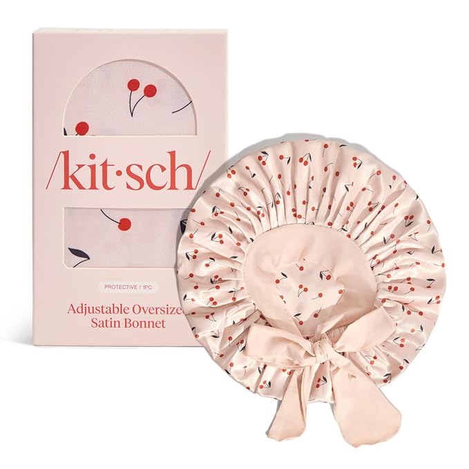 Kitsch XL Satin Bonnet for Sleeping - Softer Than Silk Bonnet For Sleeping Women - Secure Fit, Adjustable, Night Cap For Curly & Textured Hair - Prevents Breakage, Tangles & Thinning - Cherry Print
