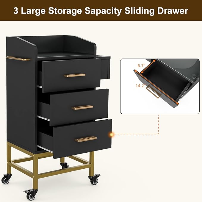 Salon Storage Trolley Cart with with Lockable Wheels, Beauty Rolling Hair Cart with Drawers& Dryer Holder, Salon Stations Cabinet for Beauty Spa Barbershop (Black)