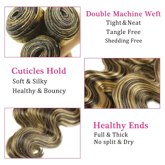 Blonde Body Wave Bundles Human Hair Highlight Bundles 18 20 22 Inch Brazilian Virgin Soft and Silky Remy Hair Extensions Niegmeag 2 Tone Black and Honey Blonde Bundle