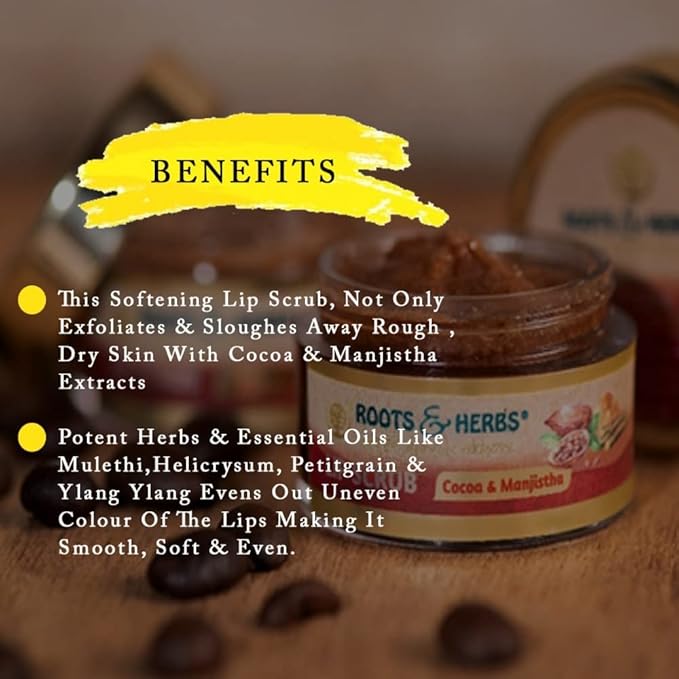 ROOTS AND HERBS Ayurvedic Cacao & Manjistha Cane Sugar Lip Scrub 100% Vegan, No-Paraben, No-SLS, No-Sulphate & Natural Treatment Exfoliator for Dark, Dry, Chapped Smooth & Brighter Lips (15gm/0.53oz)