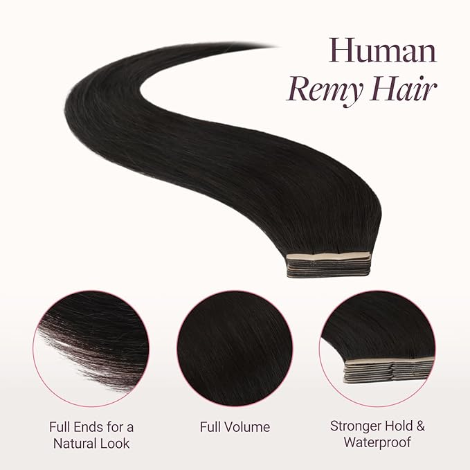 GOO GOO Tape in Hair Extensions Human Hair, 1B Natural Black, 4cm Wide Tape, 20inch 20pcs 80g, Real Human Hair, Seamless Tape in, Instant Length&Volume