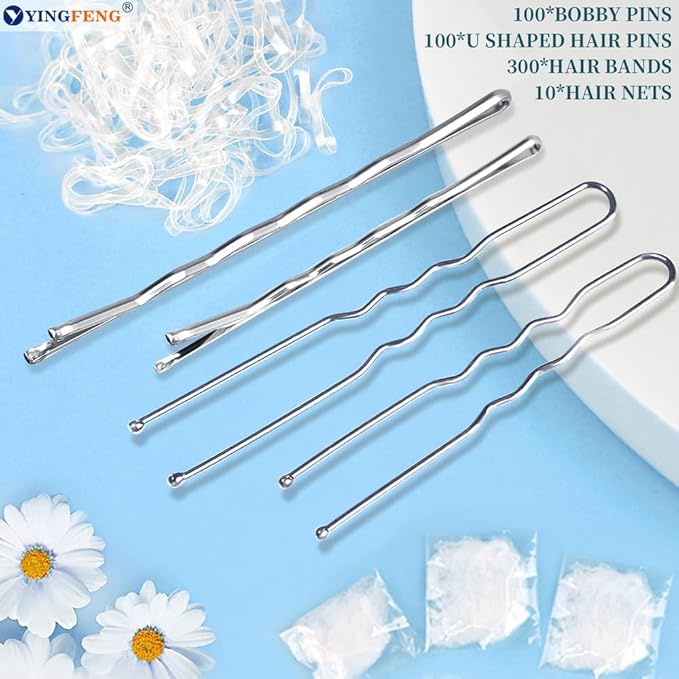 510PCS Silve Bobby Pins Hair Pins Kit with Hair Net, YINGFENG Includes 100 Bobby Pins for Women, 100 U-Shaped Buns Hair Clips, 300 Hair Bands and 10 White Hair Nets, for Gray Hair
