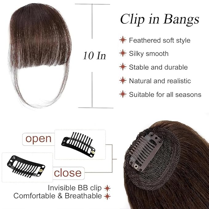 Clip in Bangs Dark Brown Color 100% Real Human Hair Wispy Clip on Bangs Extensions Fringe with Temples Hairpieces for Women