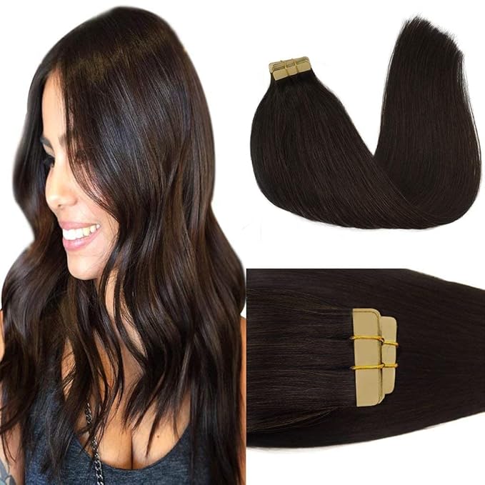 GOO GOO Tape in Hair Extensions Human Hair, 2 Dark Brown, 14inch 50g 20pcs, Thick Ends Straight Seamless, Invisible