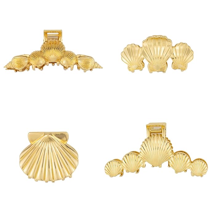 4PCS Gold Seashell Metal Claw Clips, Large Heavy Duty Hair Clips for Thick Hair, Beachy Bling Hair Accessories for Women & Girls