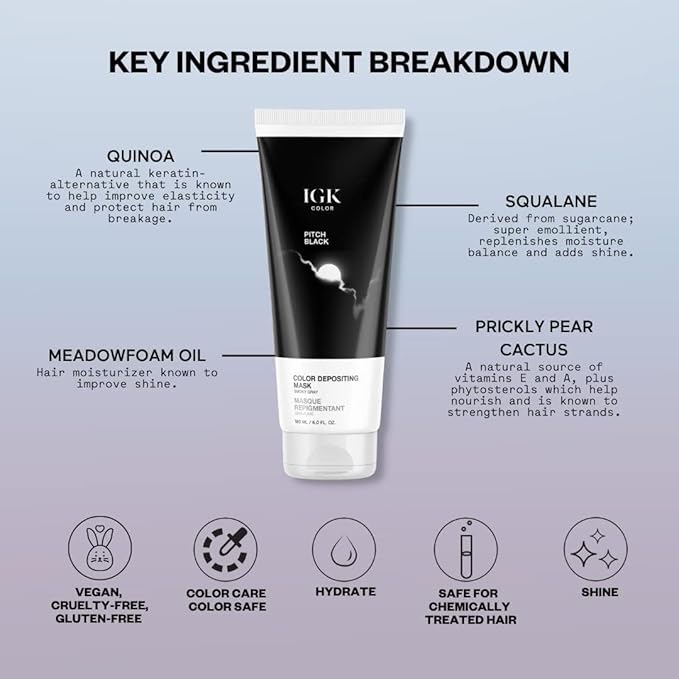 IGK Color Depositing Mask PITCH BLACK - Smoky Gray | Conditioning + Hydrate + Shine | Vegan + Cruelty Free | 6 Oz