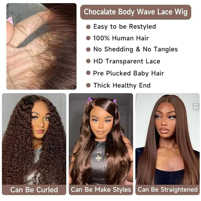 250% Density Chocolate Brown Lace Front Wig Human Hair 13x4 Body Wave Lace Front Wigs Colored Human Hair Wigs For Women HD Transparent Lace Front Wig(26 Inch,Chocolate Brown Wig)