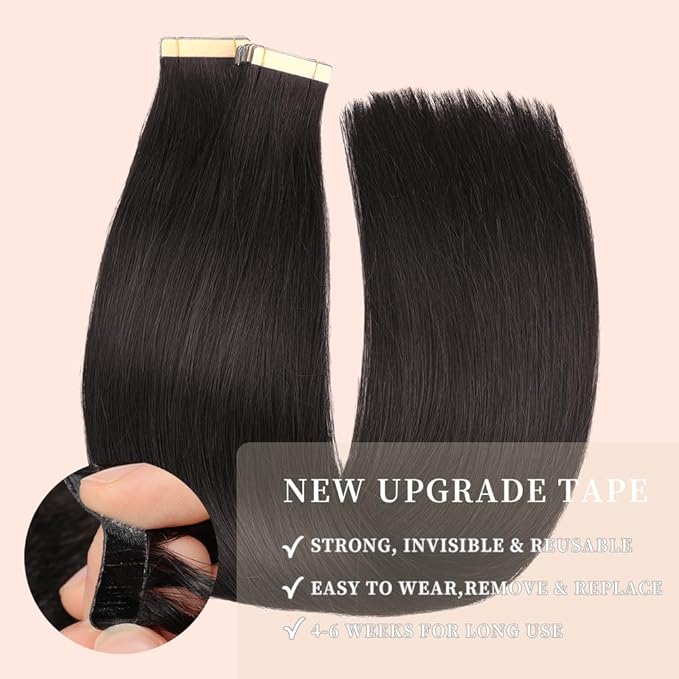 Human Hair Tape in Extensions Jet Black 20pcs Seamless Skin Weft Hair Extensions 22 Inch Double Sided Remy Invisible Straight Tape in Hair Extensions Human Hair (1#,22 Inch)