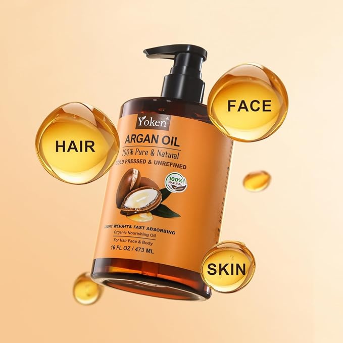 Argan Oil for Hair, Pure and Natural Morocco Argan Oil, Argon Oil For Hair, Scalp, Face & Skin Care, 100% Cold Pressed Hair Conditioner, Unrefined Argon Nails Carrier Oil (16 Fl Oz)