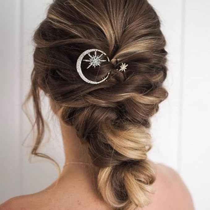 Bartosi Rhinestone Moon Hair Clips Silver Star Hairpins Crystal Decorative Bobby Pin Bride Wedding Hair Pins Side Clip Hair Accessories for Women and Girls (Pack of 3)