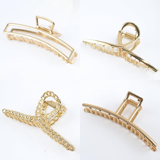 4 Pcs Large Metal Hair Claw Clips for Women, Non-slip Claw Clips with Strong Hold Jaw, Fashion Accessories for Thin Thick Long Curly Hair (Gold2)