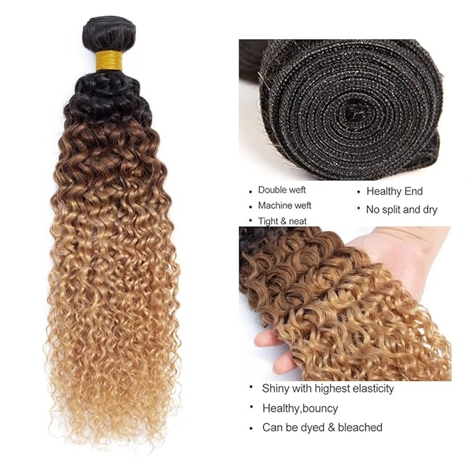 Ombre Bundles Human Hair Honey Blonde Curly Bundle 3 Tone Black and Blonde Kinky Curly Bundle Niegmeag Brazilian Virgin Soft and Silky Remy Hair 3 Bundles 24 26 28 Inch