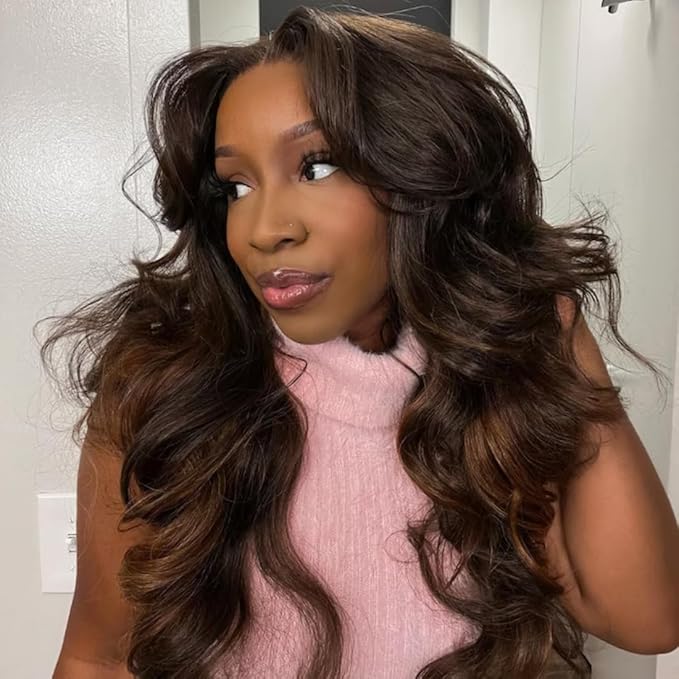 YIROO Ombre Chestnut Brown Bye Bye Knots Wig Loose Wave 7x5 Lace Front Glueless Wig Human Hair Pre Plucked Pre Cut Put on and Go Ready to Wear Wig Pre Bleached 150% Density 24inch