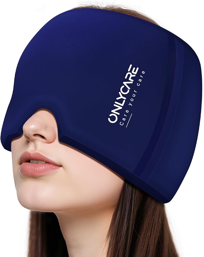 ONLYCARE Migraine Relief Cap, Upgraded Odorless Headache Relief Cap Mask Products, 360° Gel Surround Cooling Ice Pack Mask Head Wrap for Tension, Migraine, Sinus, Stress, Headaches, Hangover, Blue