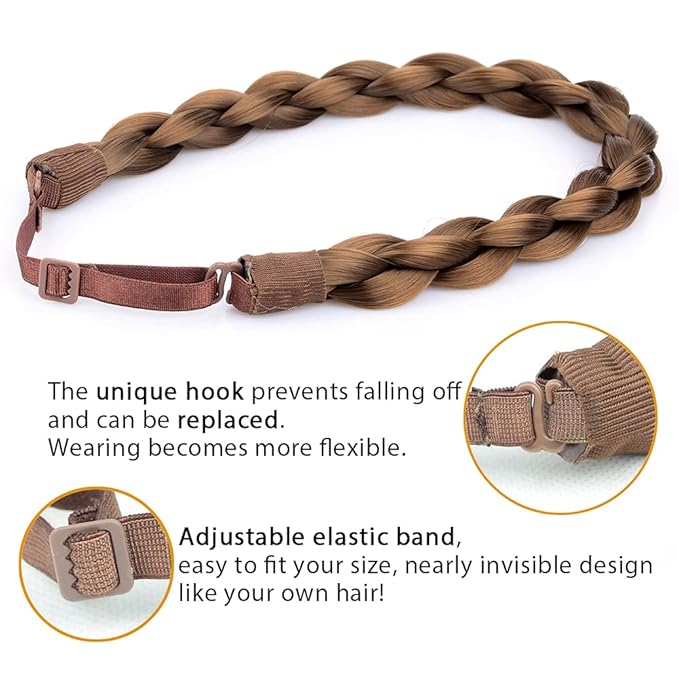 DIGUAN Chubby Narrow Synthetic Hair Braided Headband Classic Chunky Plaited Braids Elastic Stretch Hairpiece Women Girl Beauty accessory, 58g (Medium Brown)