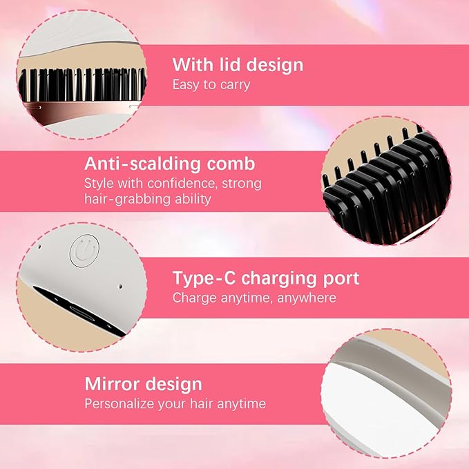 Mini Straightener, Rechargeable Portable Hair Straightener Comb, Fast Heating Hot Comb with Mirror, Wireless 2-in-1 Hairs Dressing Combs with 2 Adjustable Temperatures (White)