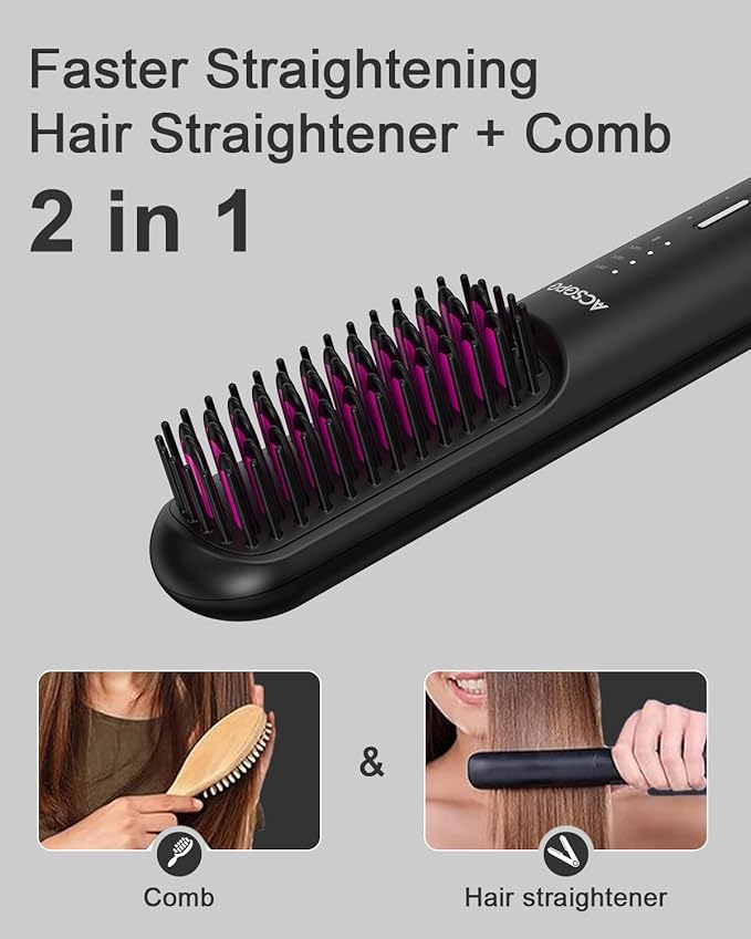 Rechargeable Hair Straightener Brush - 6400mAh Large Capacity Battery - Portable Straightening Brush Comb - Mini Cordless Ionic Straightener for Women - Great for Travel & Home ACSGPG