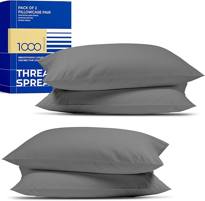 THREAD SPREAD 100% Egyptian Cotton Pillow Cases - High Thread Count Pillowcases Queen/Standard Size Pack of 2, Soft, Breathable Extra Long Staple Sateen Weave Cotton Pillow Cover for Bed - Dark Grey