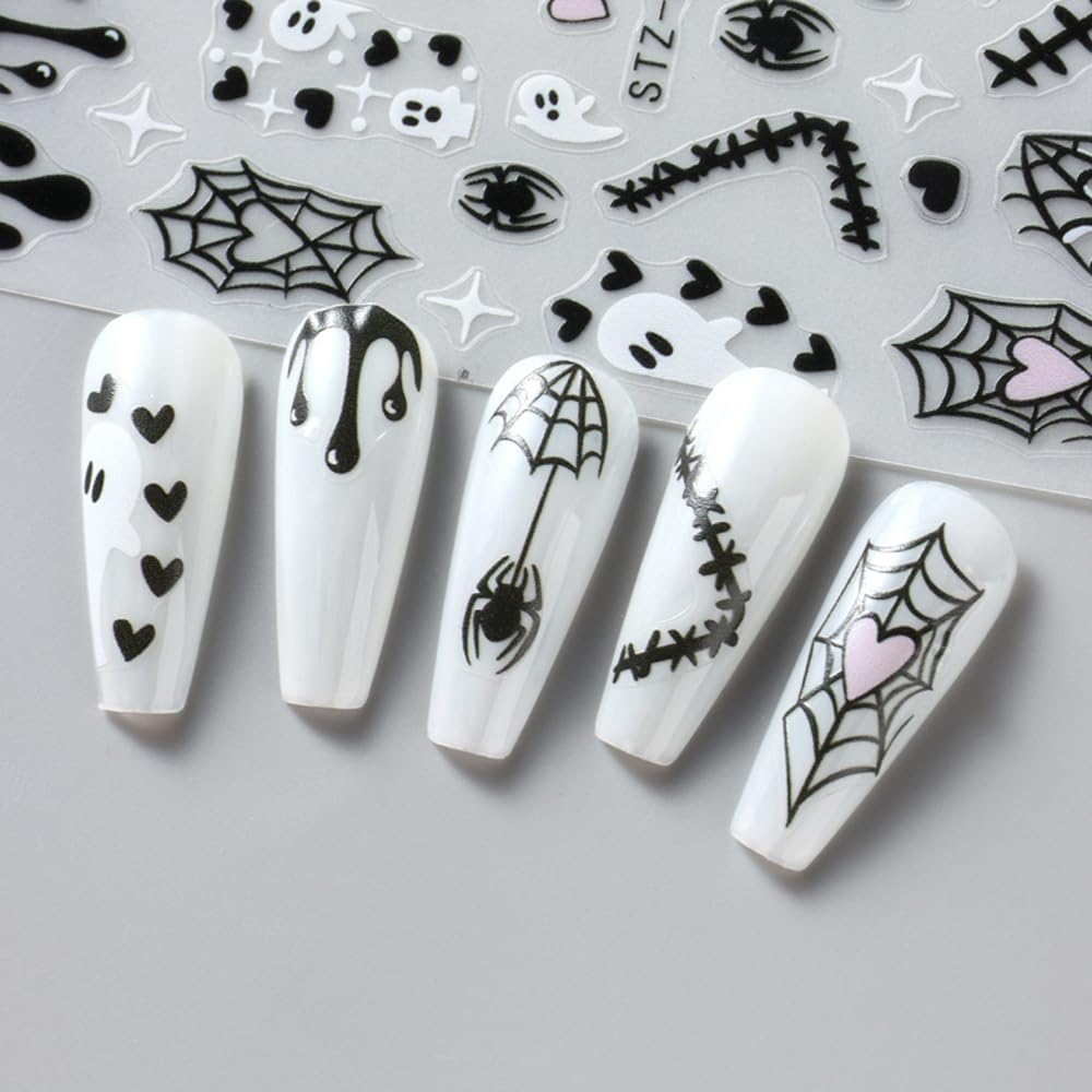 4sheets Halloween Nail Stickers 3D Self-Adhesive Ghost Nail Art Stickers - Black Spider Bat Decals with Heart Spider Web Blood Droplets Design for Women DIY Holiday Nail Decoration