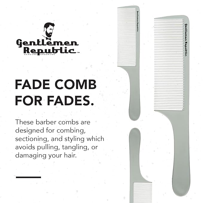 Gentlemen Republic Genuine Grooming Hair Comb for Fades and Men's Haircuts - Set of 3pcs, Soft Round Tips, Strong Teeth with Strong Body - Ideal for Barbers, at-home Grooming and Styling