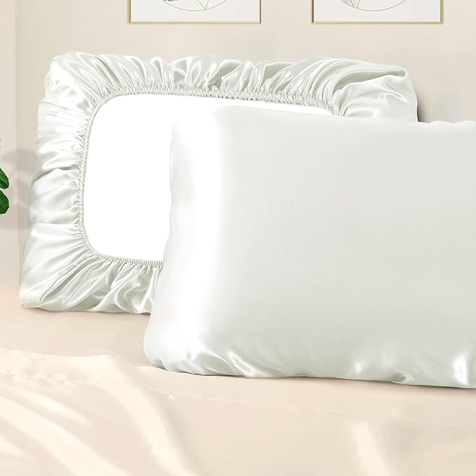 Manyshofu Satin Pillowcases for Hair Protection - 1Pcs White Pillow Cases, Elastic Band Standard & Queen Satin Pillowcases Luxury Silky Pillow Cases Travel Pillow Covers