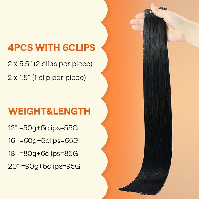 Full Shine Seamless Clip in Hair Extensions Human Hair, Color 2 Jet Black Thinning Hair Extensions Invisible Hair Extensions, Straight Remy Human Hair Fill Ins 16Inch 4PCS 65g