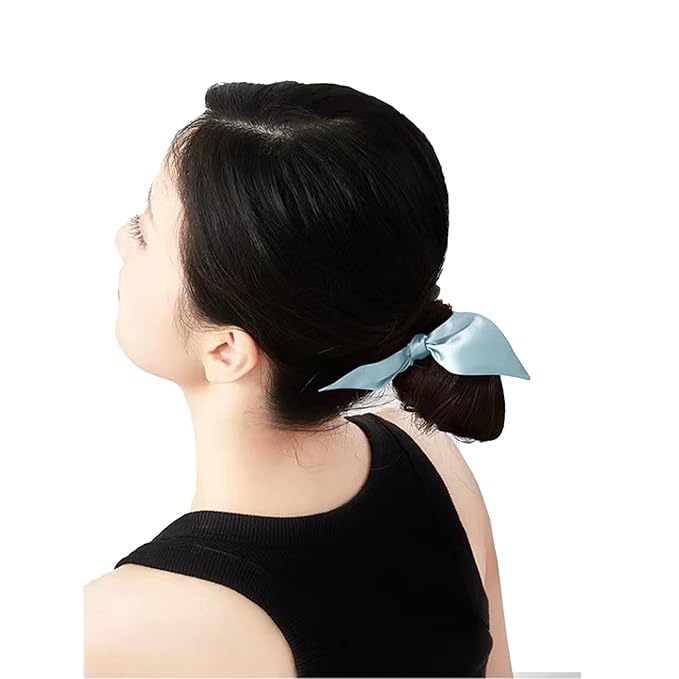 THXSILK Hair Silk Scrunchies with Bow for Women Pure Mulberry Silk Hair Cute Ring Ties Scrunchies for Girls Women's Thick Hair, Light Blue, 2.8"