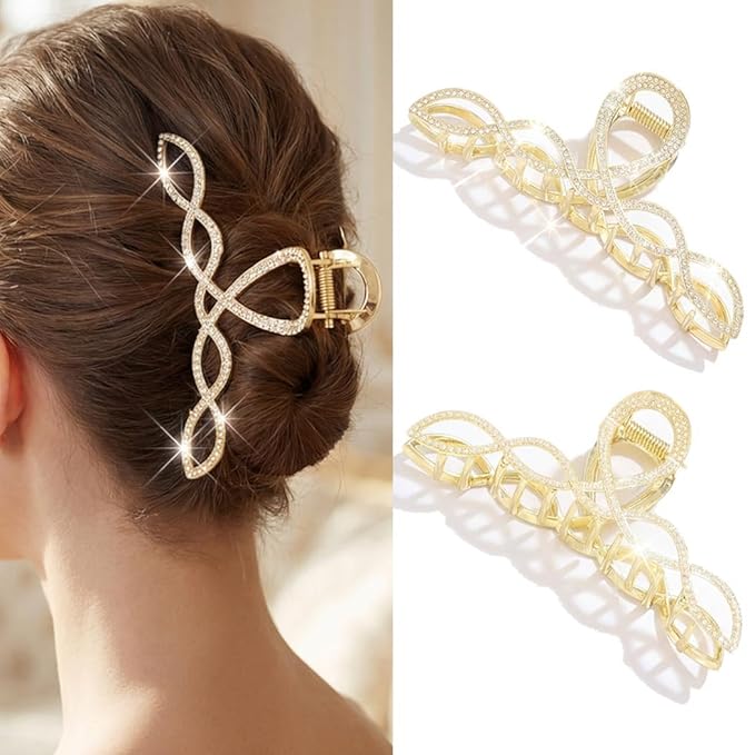 Rhinestone Hair Claw Clip, Large Metal Gold Claw Clip for Thick Hair, Sparkly Hair Accessories for Women (2 Pack)