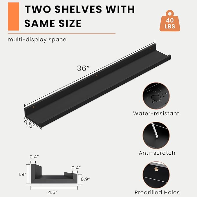 Heimlove Picture Ledge Shelf, Floating Shelves Set of 2, 36 Inches Picture Shelf for Wall with Ledge, Kids Bookshelf Wall Mounted for Living Room Bedroom Decor Books Photo Frames - Black
