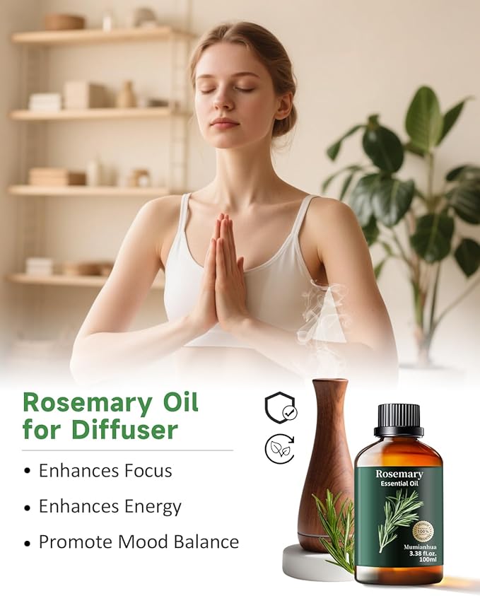 Rosemary Essential Oil Pure, Mumianhua Natural Oil for Hair Growth & Scalp Revitalization, Supports Stronger Hair, Reduces Dullness, for Diffuser & DIY Hair Care, 3.38 Fl Oz