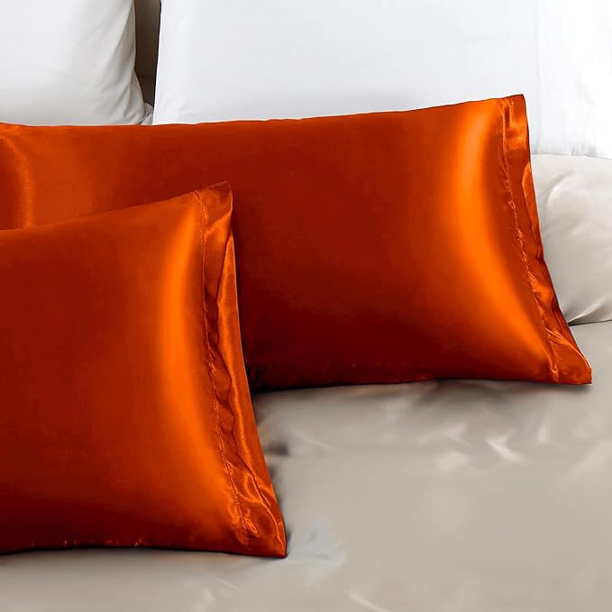 Aormenzy Satin Pillow Cases for Women Standard Size Set of 2, Burnt Orange Satin Pillowcase for Hair with Envelope Closure Silky Pillow Covers Wrinkle, Fade Resistant (20x26 Inches)