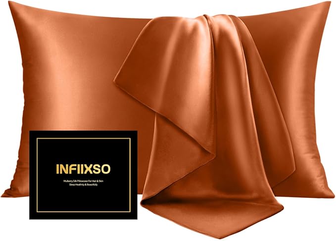 INFIIXSO Mulberry Silk Pillowcase for Hair and Skin, Silk Pillow Cases Queen Size with Hidden Zipper 20x30 Inches, Super Smooth and Soft Cooling Pillow Cases for Hot Sleepers(Orange, 1 Pack)
