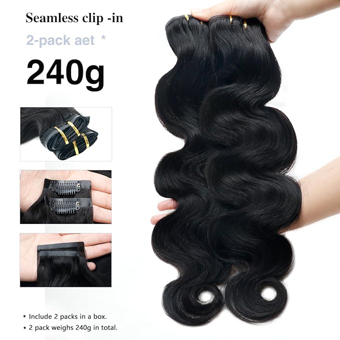 2 Pack 240g Body Wave Seamless Clip in Hair Extensions 16Pcs Full Head 15A Real Human Hair Clip ins with PU Skin Weft 24inch Natural Black