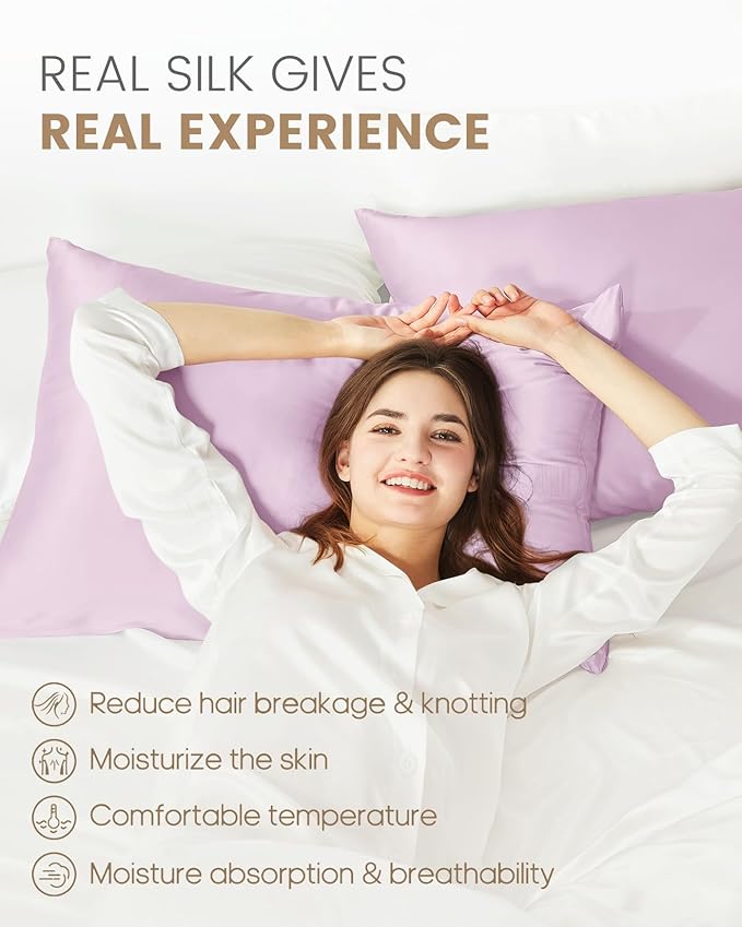 THXSILK 100% Mulberry Silk Pillowcase for Hair and Skin, Grade 6A+ Mulberry Silk Pillow Case Soft and Breathable, Hypoallergenic Pillow Case Cover with Zipper, 1pc (Queen 20"x30", Light Purple)