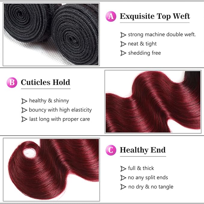 Ombre Bundles Human Hair Burgundy Body Wave Bundles 24 26 28 Inch Niegmeag Double Weft 2 Tone Black and Red Body Wave Bundle 1B99J Color 150g