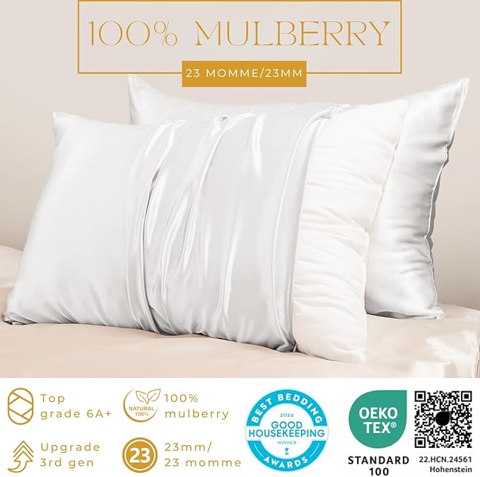PROMEED 23 Momme White Silk Pillowcase for Hair and Skin, 100% Natural Mulberry Silk Pillow Case for Sensitive Skin, Breathable and Soft Acne Pillowcase (Queen 20"x30", White)