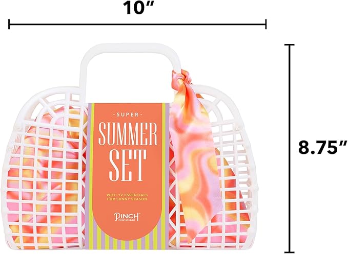 Pinch Provisions Super Summer Jelly Tote, 12 Beach & Poolside Accessories For Beauty, Perfect for Pool & Beach Days, Includes Oil Absorbing Roller, Rechargable Fan, Towel Clips, & Ice Roller