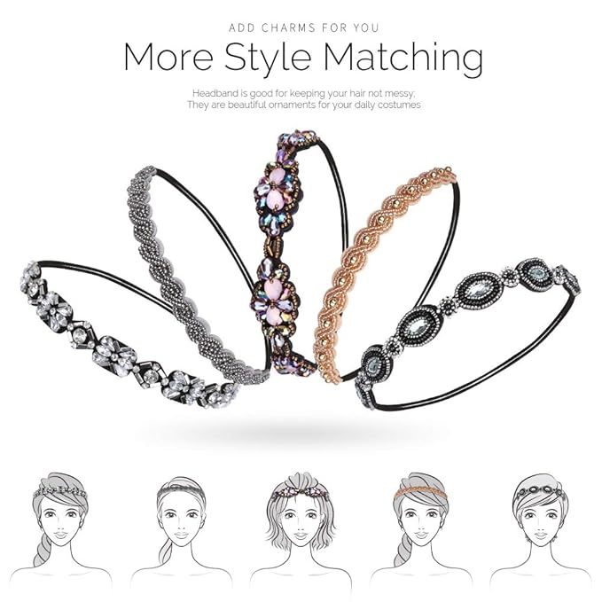 Teenitor 5pcs Elastic Beaded Headbands, Jewels Hairbands Hat Bands, Crystal Rhinestone Headband for Women Girls