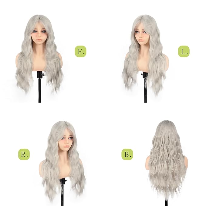 Long Wavy Gray Wig with Curtain Bangs for Women 26 Inch Silver Gray Synthetic Wig Natural Looking Heat Resistant Fiber Hair Wigs for Daily Party Halloween Cosplay Use